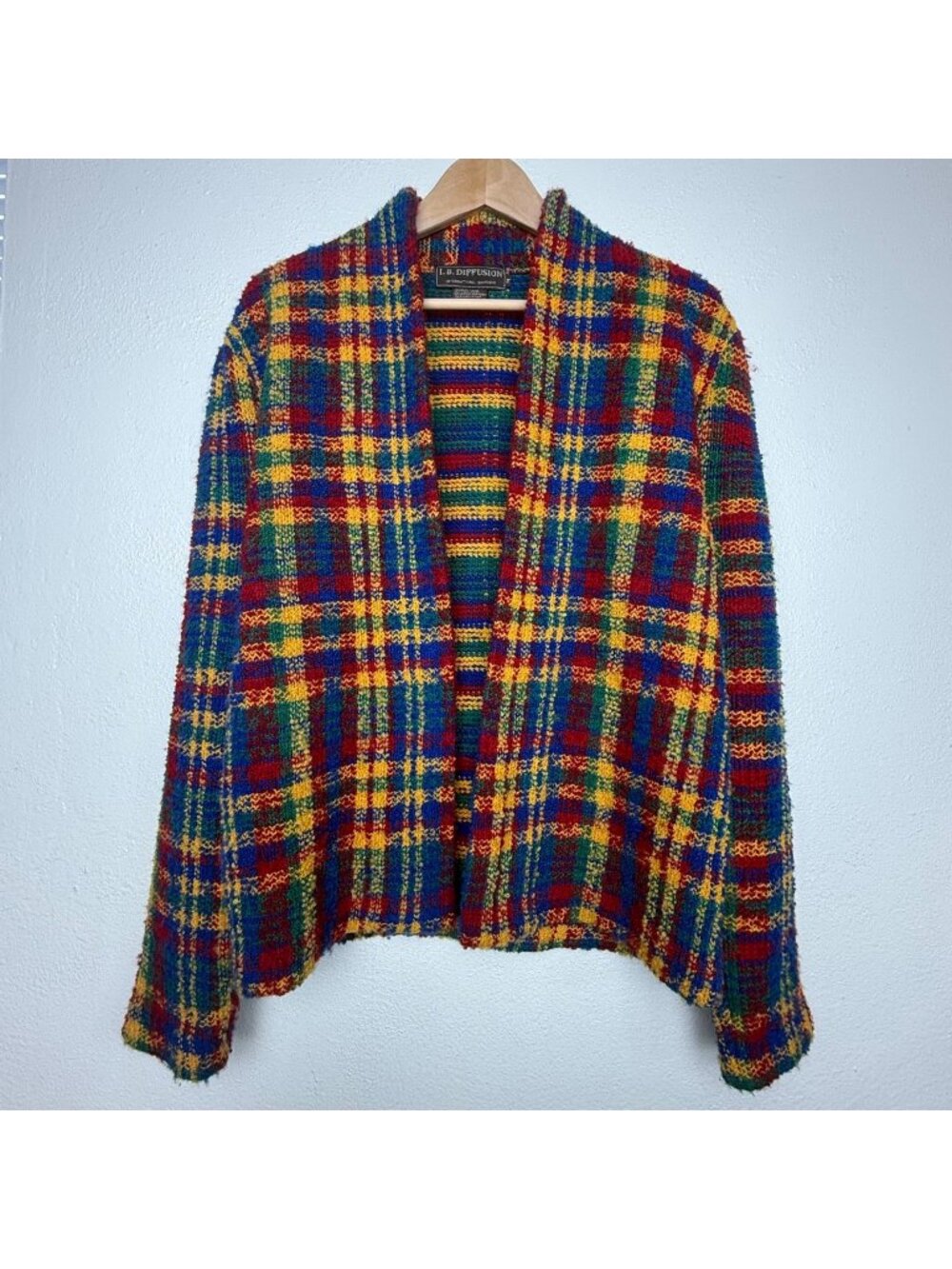 VTG I.B. Diffusion Multicolor Plaid Open Front Wool Blend Cardigan Sweater Sz M